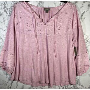 Style & Co Womens Pink Eyelet Embroidered Peasant Blouse 3/4 Sleeve Size 1X